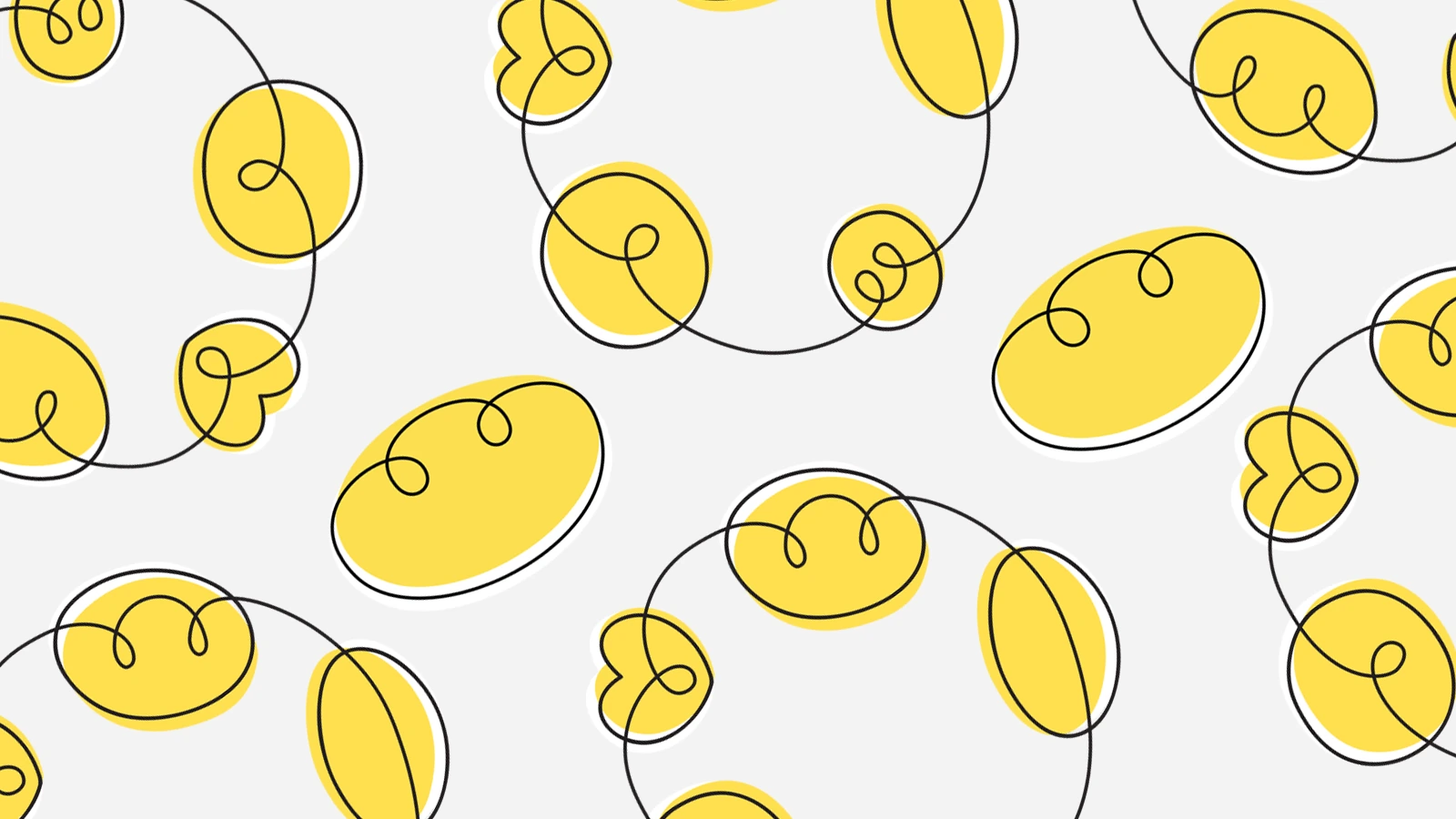 Original Bulochkino repeat pattern: yellow buns and clouds connected by a looping black line