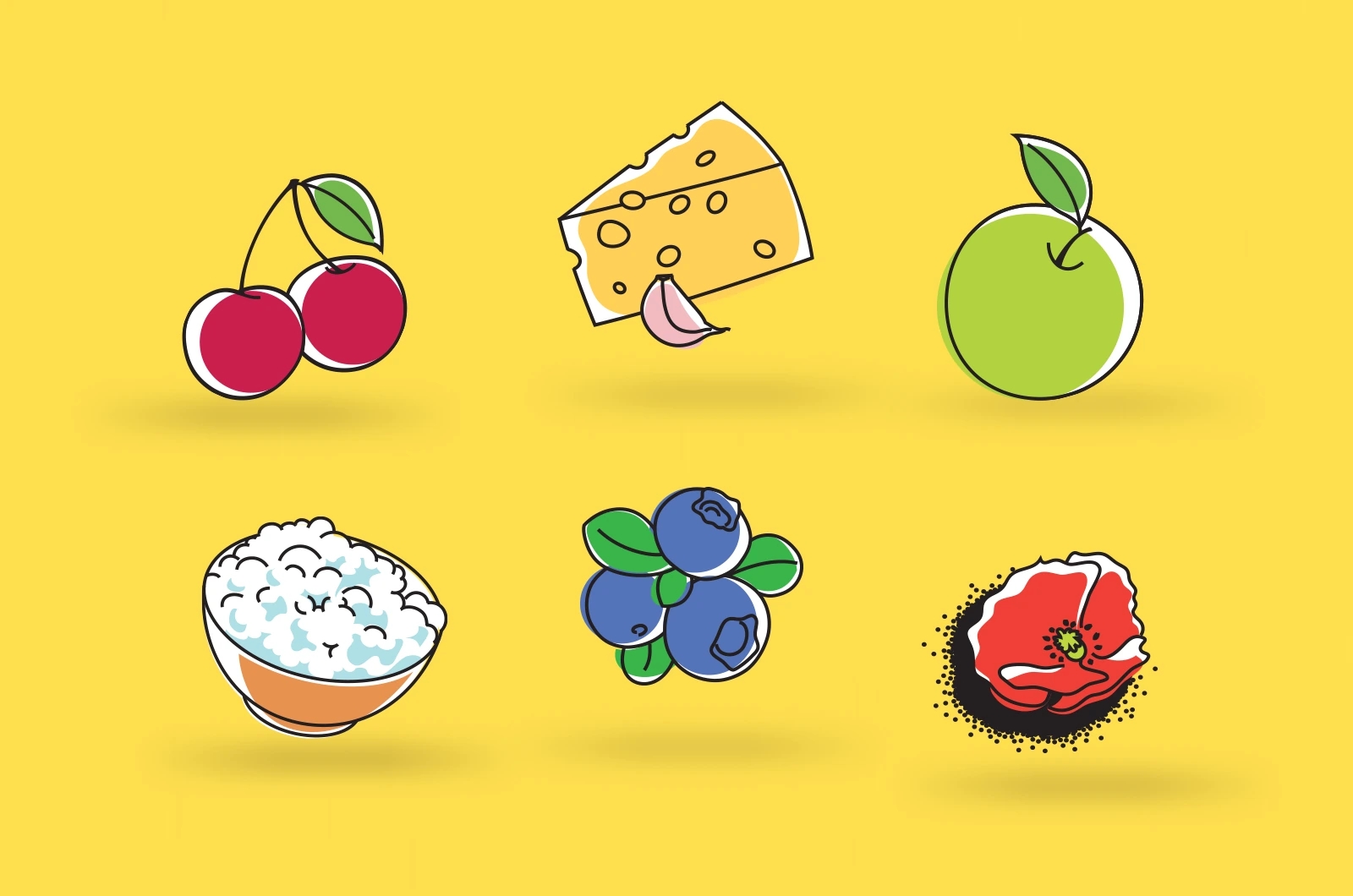 Original Bulochkino illustrations of cherries, cheese, apple, curd, blueberries and poppy seeds on yellow