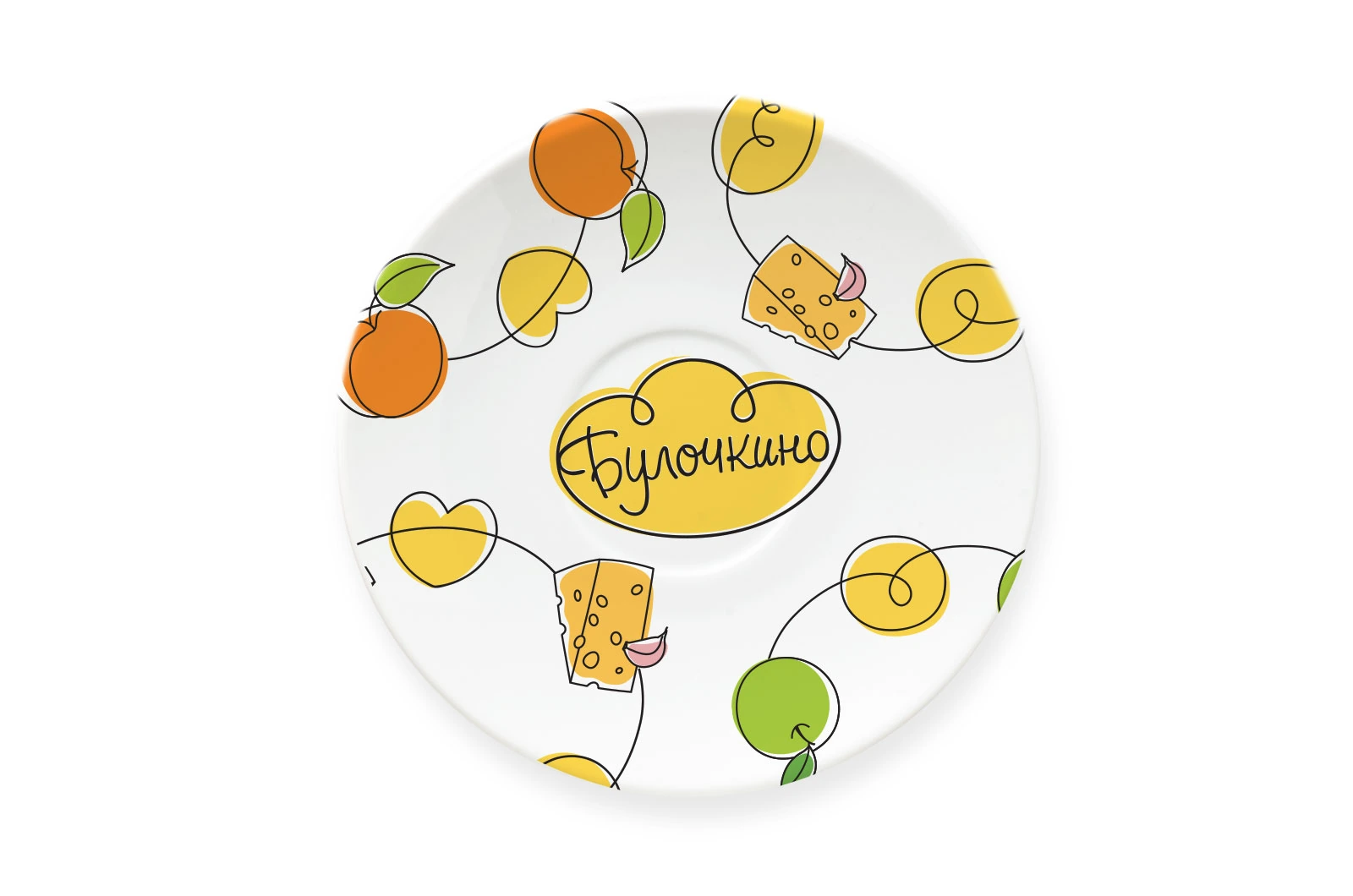 Bulochkino plate with the cloud logo and original flavour illustrations around the rim