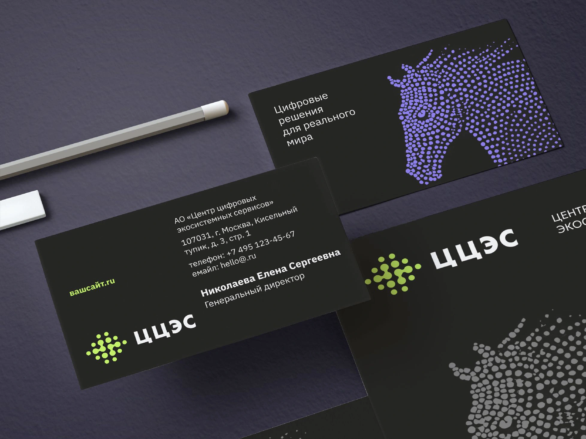 Original CCES business cards with violet and lime point graphics