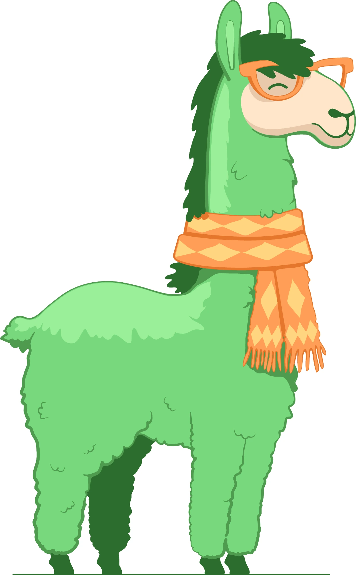 Original Green Lama character with green fur, orange glasses and a scarf