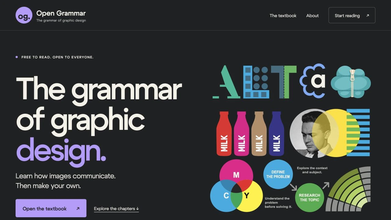 The genuine Open Grammar public homepage with its graphic design collage
