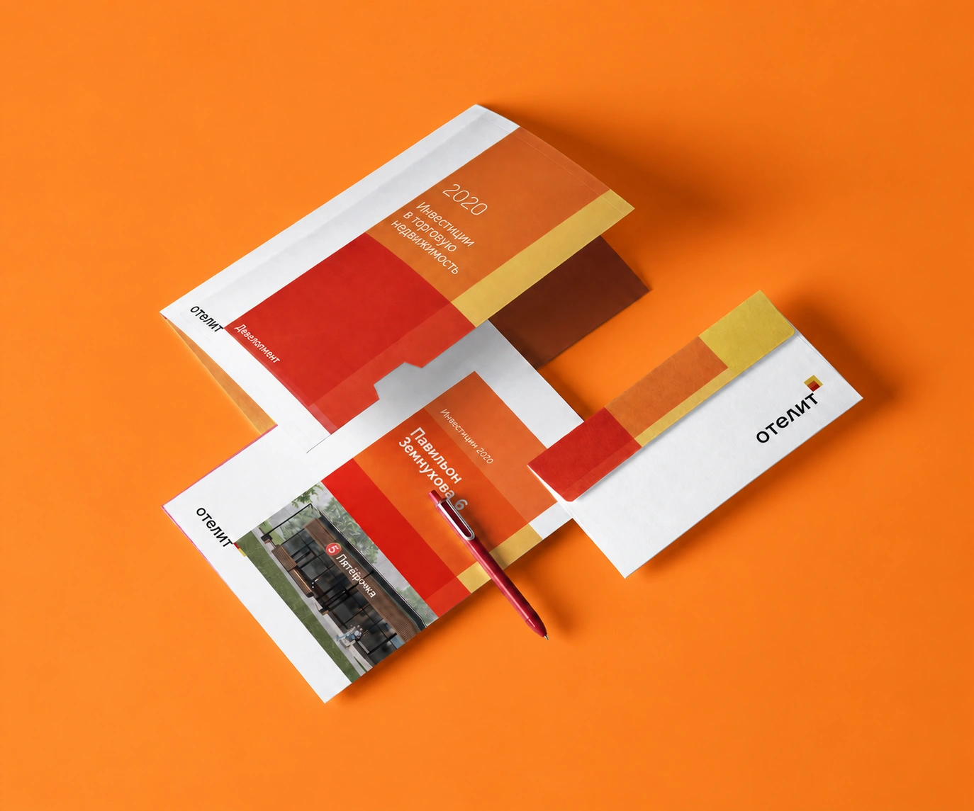 Otelit growth concept on a folder, brochure and envelope