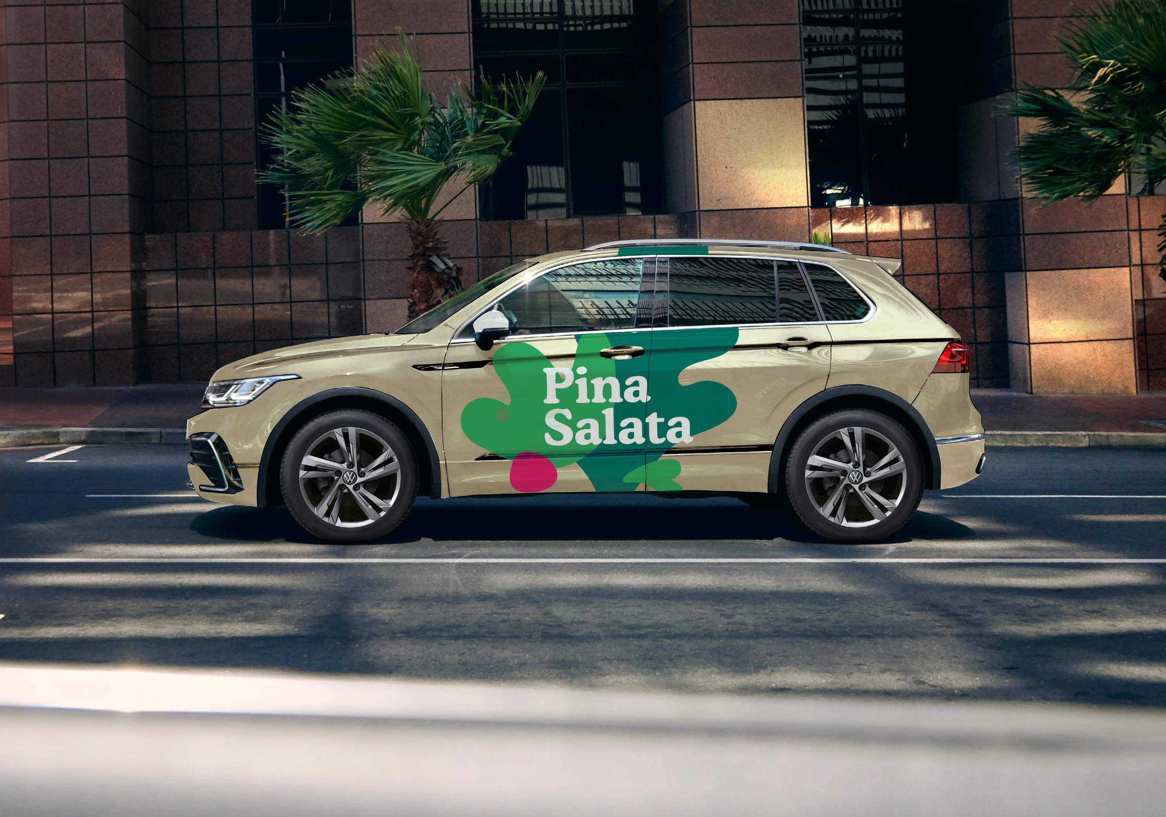 Pina Salata original car identity study with oversized greens and wordmark