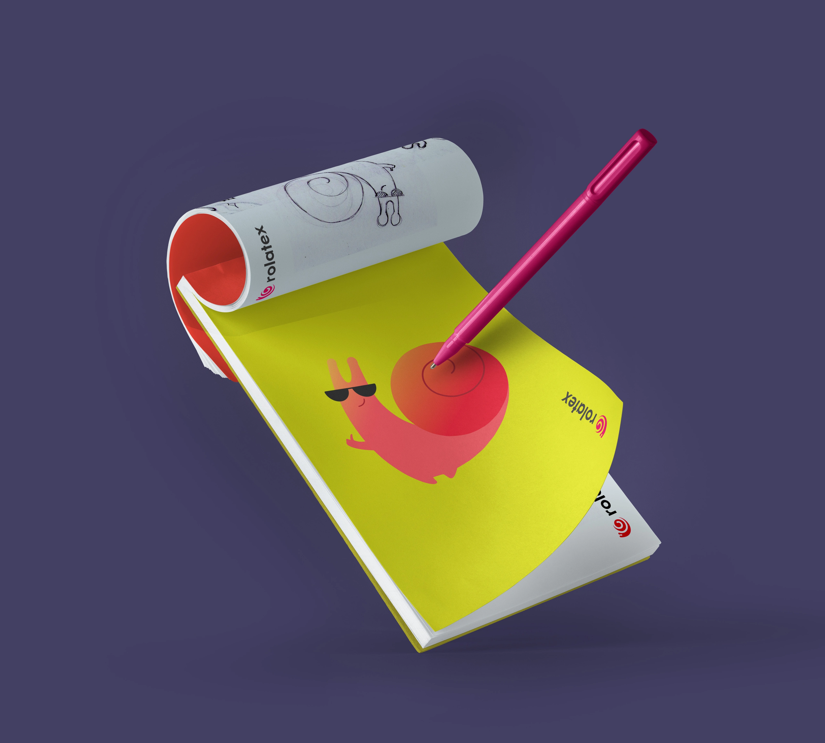 From drawing to print / The mascot and its sketches on a branded notepad.
