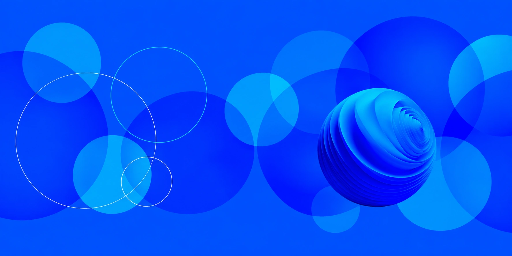 Horizontal blue brand graphics combining flat circles, fine circular outlines and a dimensional spiral form