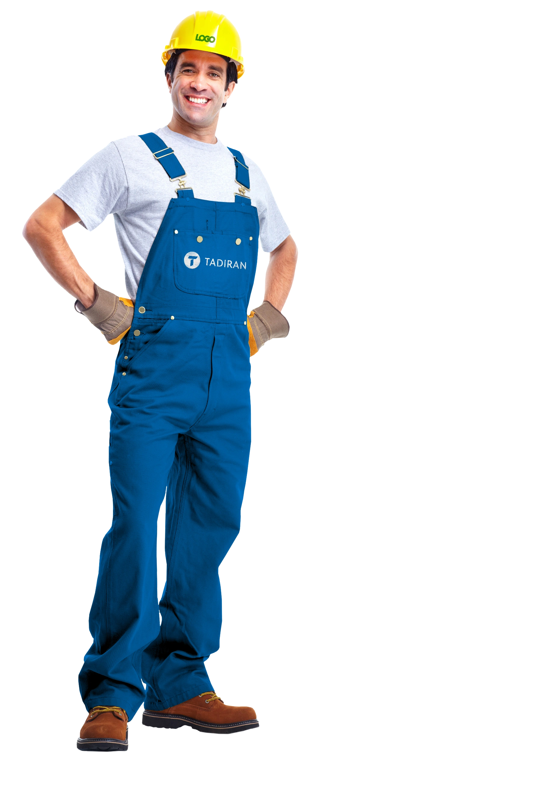 Original Tadiran blue workwear cropped below the face, with white brand mark